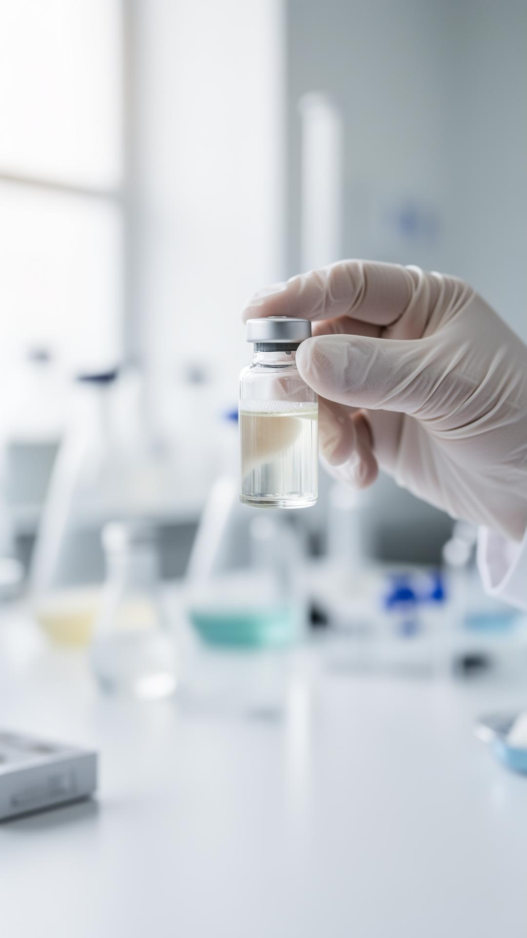 Researcher holding a glass vial of clear liquid